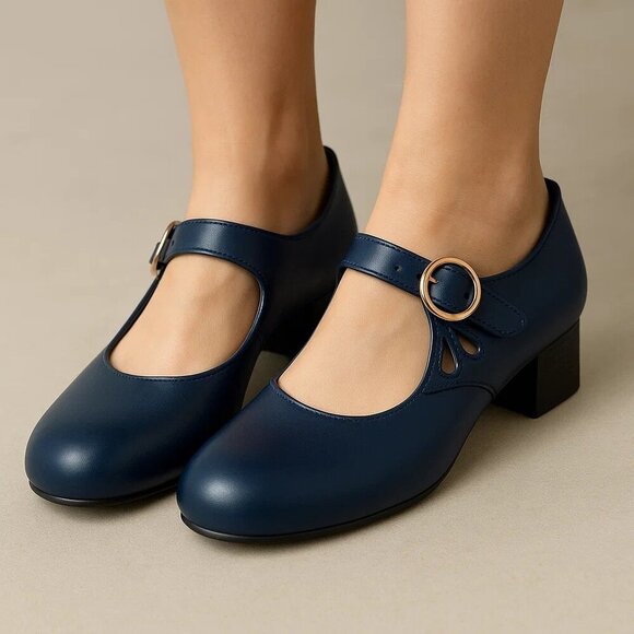 Vintage Shoes - Vintage Mary Jane Short Chunky Heel Pumps Preppy Coquette French Femme Feminine